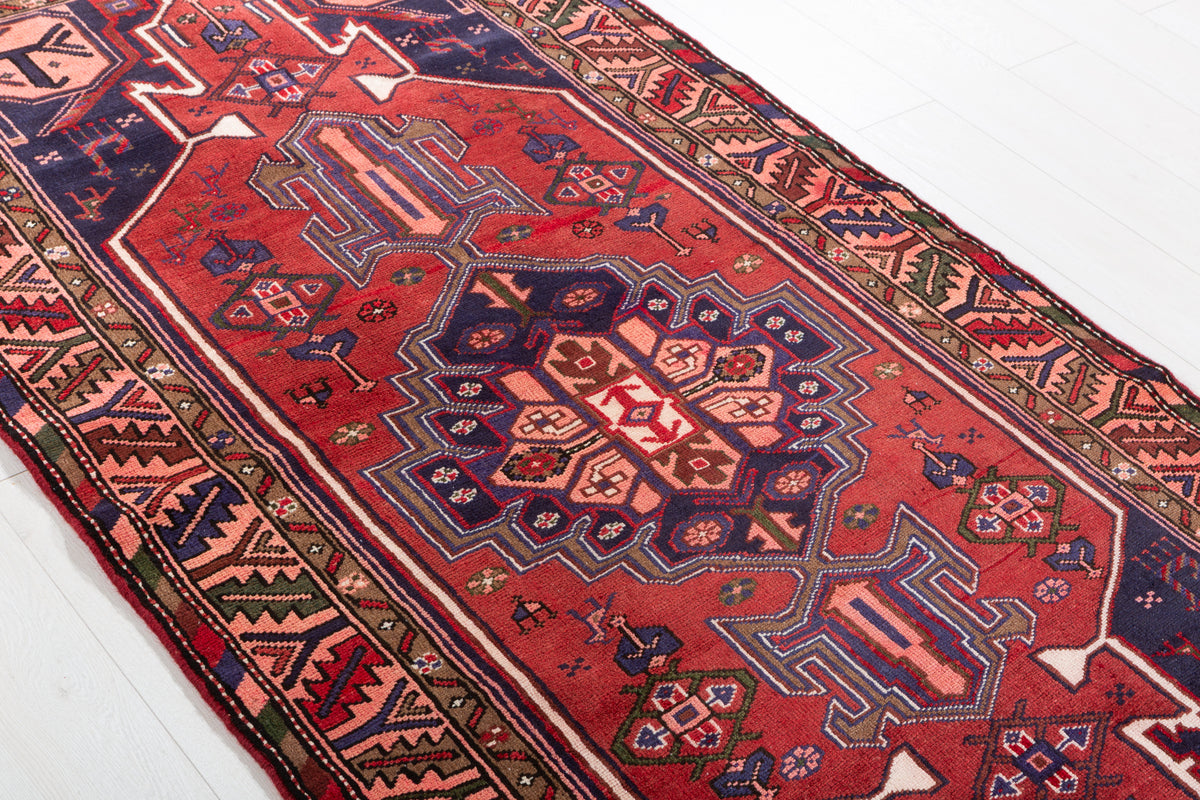 Vintage Red & Salmon Pink Geometric Medallion Hand-Knotted Area Rug – 6' 9" x 3' 6" (207 x 107 cm)