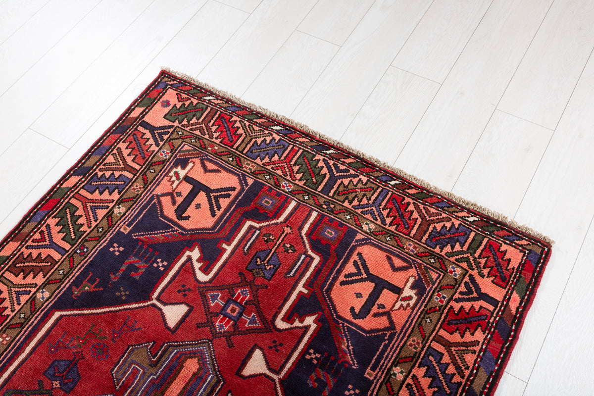 Vintage Red & Salmon Pink Geometric Medallion Hand-Knotted Area Rug – 6' 9" x 3' 6" (207 x 107 cm)