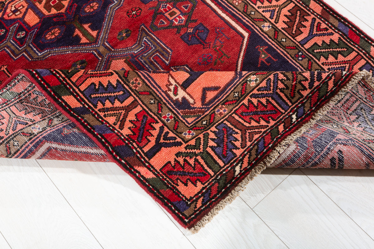 Vintage Red & Salmon Pink Geometric Medallion Hand-Knotted Area Rug – 6' 9" x 3' 6" (207 x 107 cm)