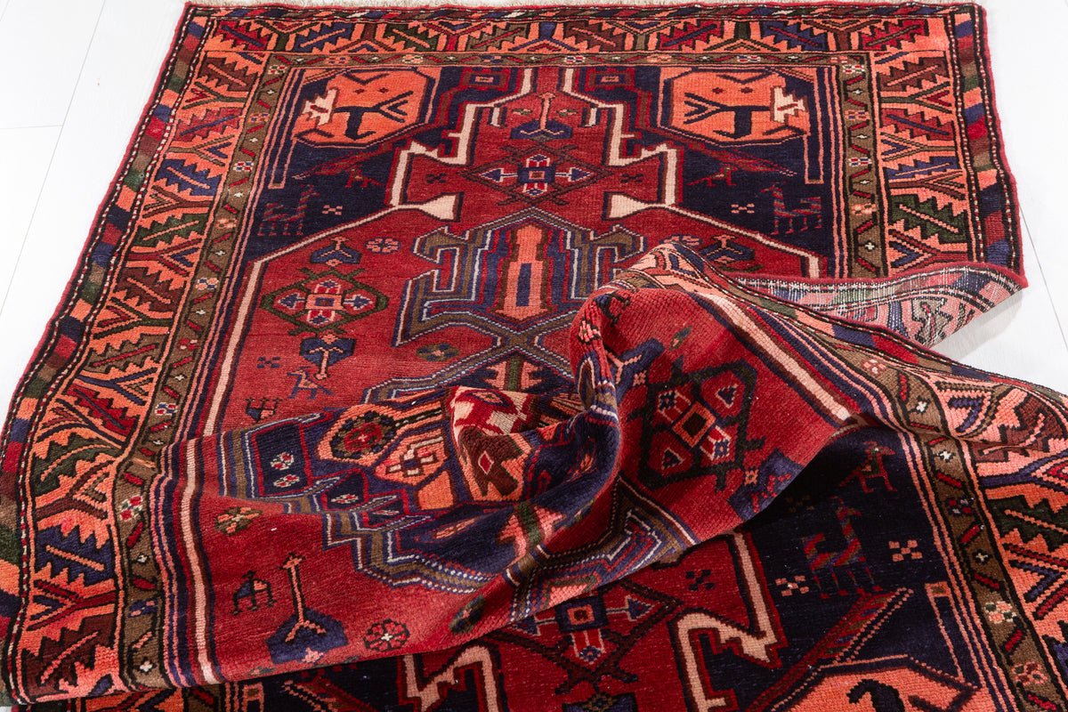 Vintage Red & Salmon Pink Geometric Medallion Hand-Knotted Area Rug – 6' 9" x 3' 6" (207 x 107 cm)