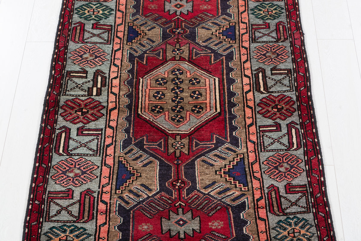 Vintage Red & Soft Blue Bold Red Medallion Hand-Knotted Area Rug – 6' 8" x 3' 3" (202 x 100 cm)