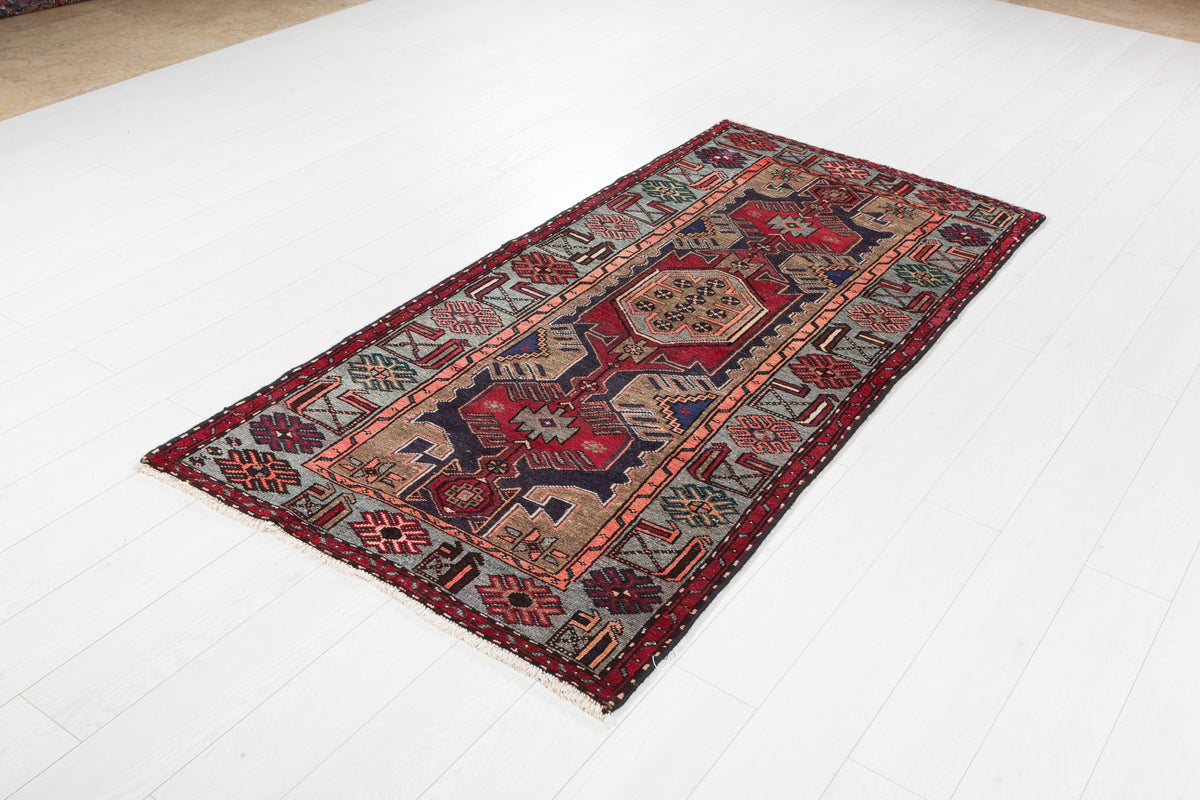 Vintage Red & Soft Blue Bold Red Medallion Hand-Knotted Area Rug – 6' 8" x 3' 3" (202 x 100 cm)