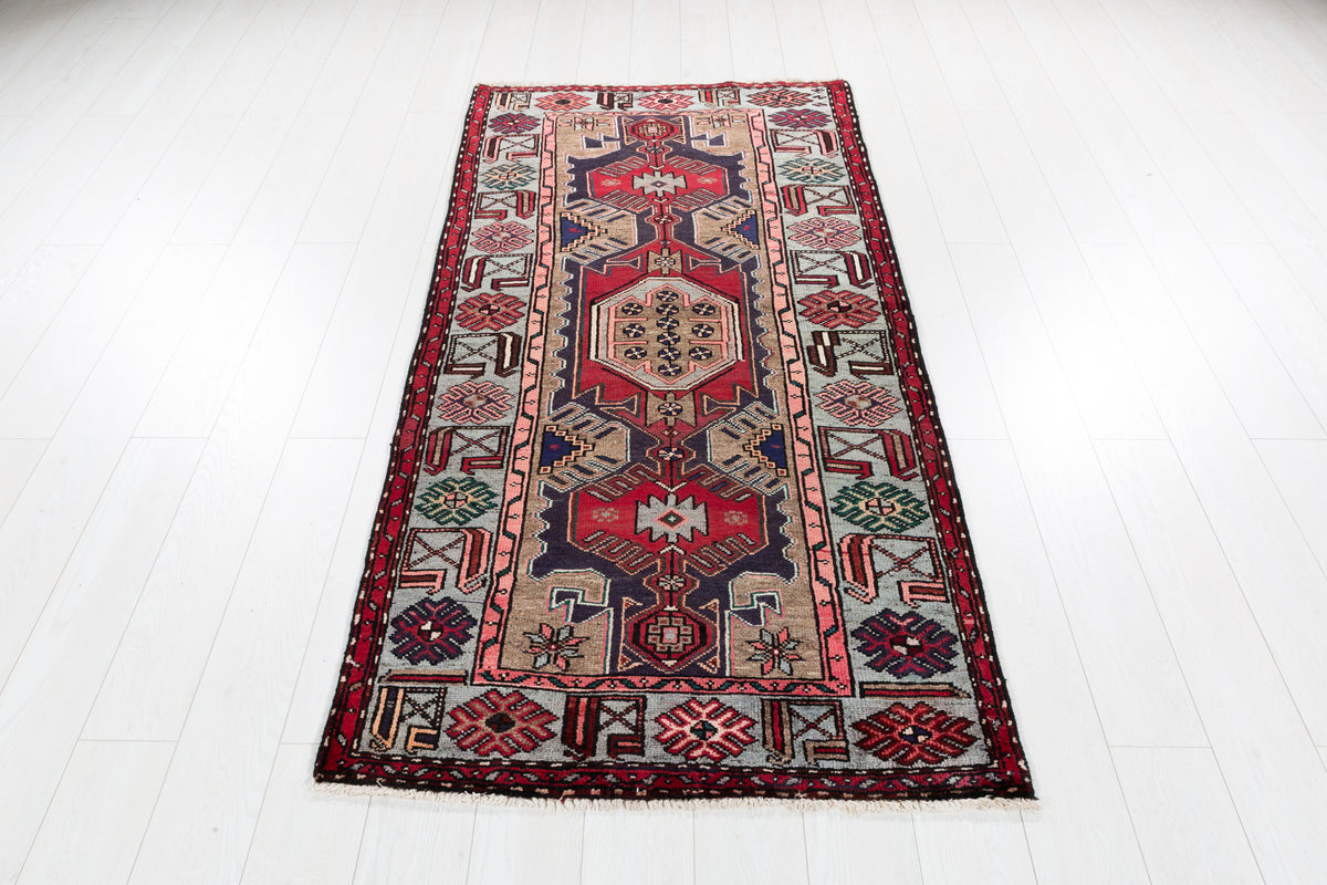 Vintage Red & Soft Blue Bold Red Medallion Hand-Knotted Area Rug – 6' 8" x 3' 3" (202 x 100 cm)