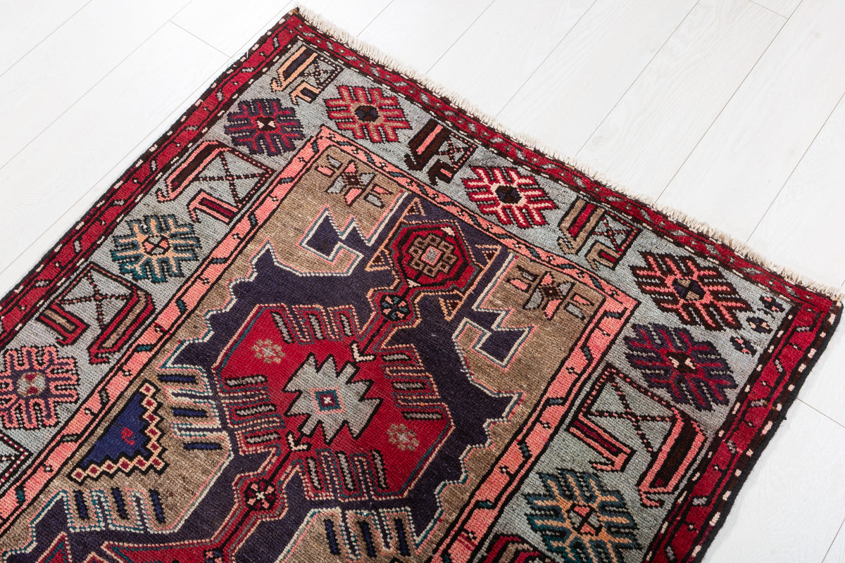 Vintage Red & Soft Blue Bold Red Medallion Hand-Knotted Area Rug – 6' 8" x 3' 3" (202 x 100 cm)
