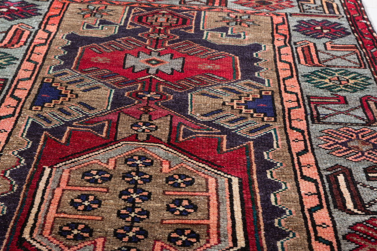 Vintage Red & Soft Blue Bold Red Medallion Hand-Knotted Area Rug – 6' 8" x 3' 3" (202 x 100 cm)