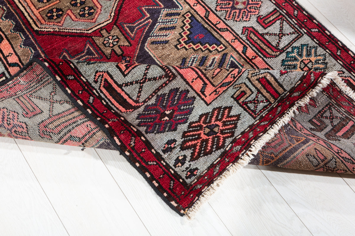 Vintage Red & Soft Blue Bold Red Medallion Hand-Knotted Area Rug – 6' 8" x 3' 3" (202 x 100 cm)