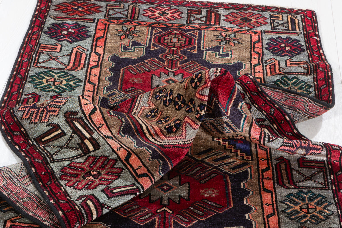 Vintage Red & Soft Blue Bold Red Medallion Hand-Knotted Area Rug – 6' 8" x 3' 3" (202 x 100 cm)