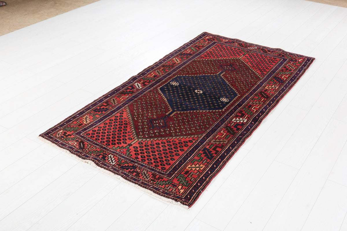 Vintage Rust Red & Pink Three-Part Medallion Design Hand-Knotted Area Rug – 6' 7" x 3' 5" (201 x 104 cm)