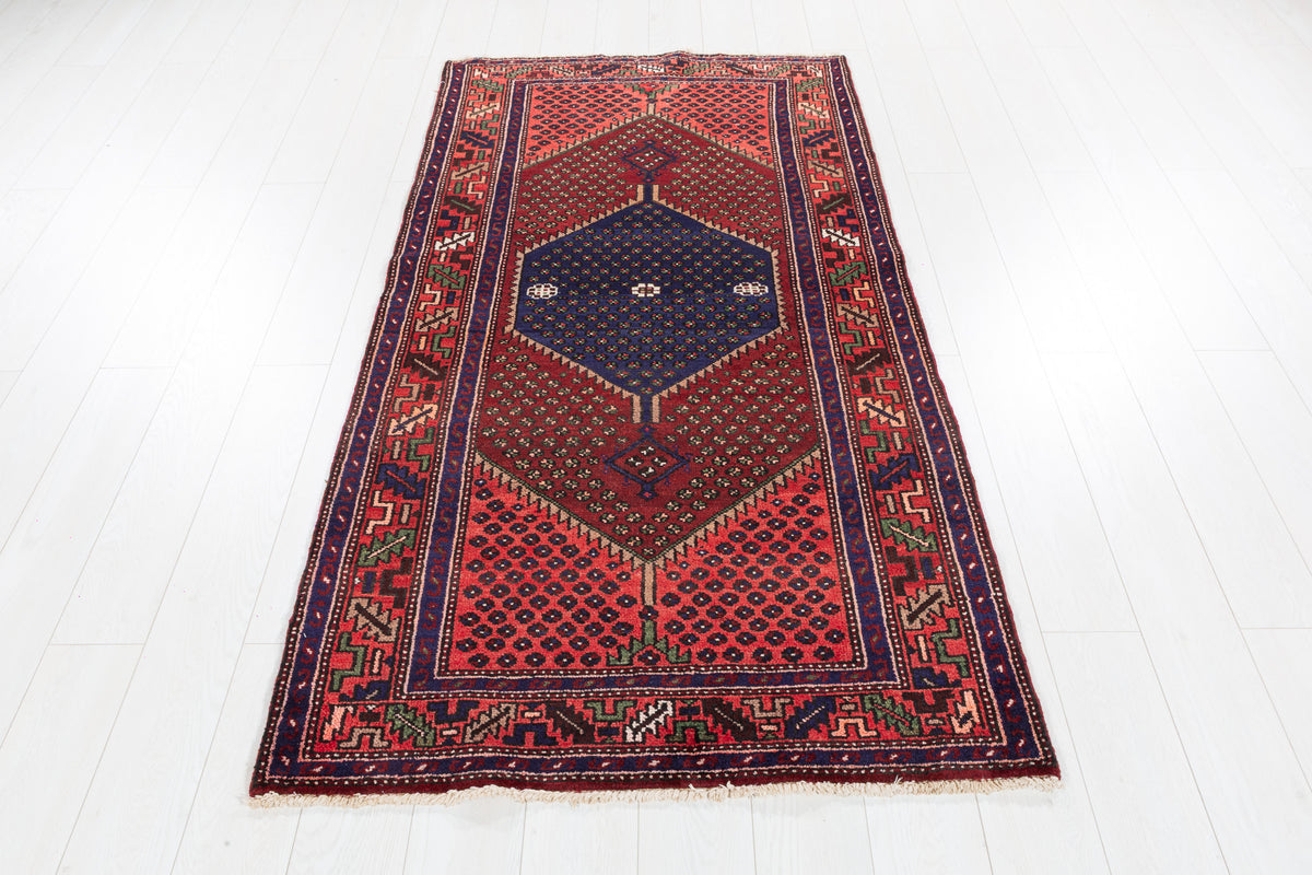 Vintage Rust Red & Pink Three-Part Medallion Design Hand-Knotted Area Rug – 6' 7" x 3' 5" (201 x 104 cm)