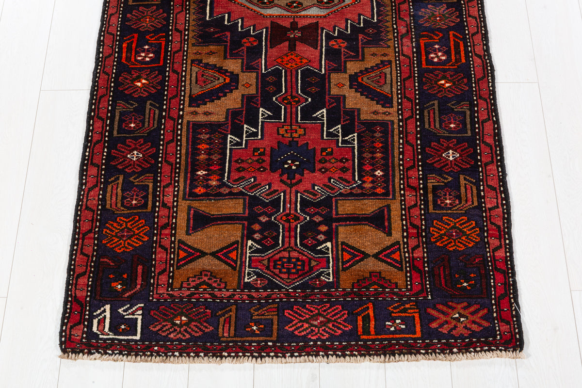 Vintage Deep Navy Blue & Rust Red Hexagonal Centre Hand-Knotted Area Rug – 7' 0" x 3' 5" (214 x 105 cm)