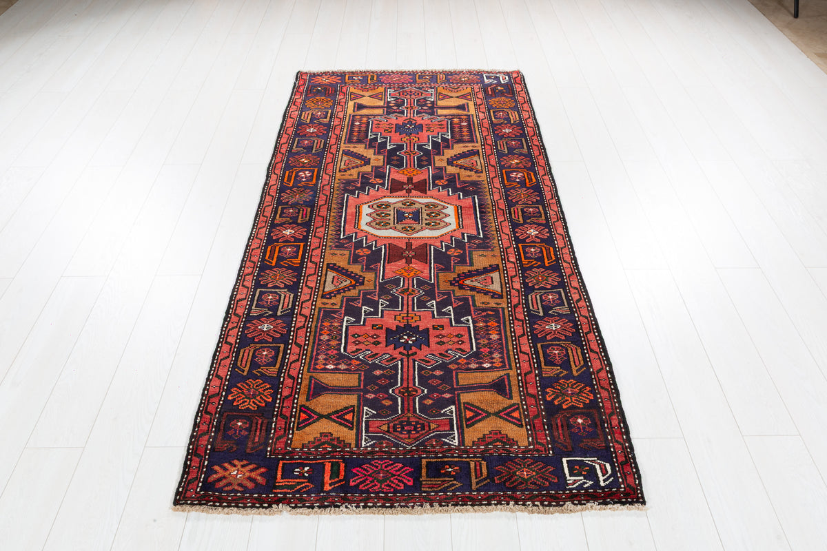 Vintage Deep Navy Blue & Rust Red Hexagonal Centre Hand-Knotted Area Rug – 7' 0" x 3' 5" (214 x 105 cm)