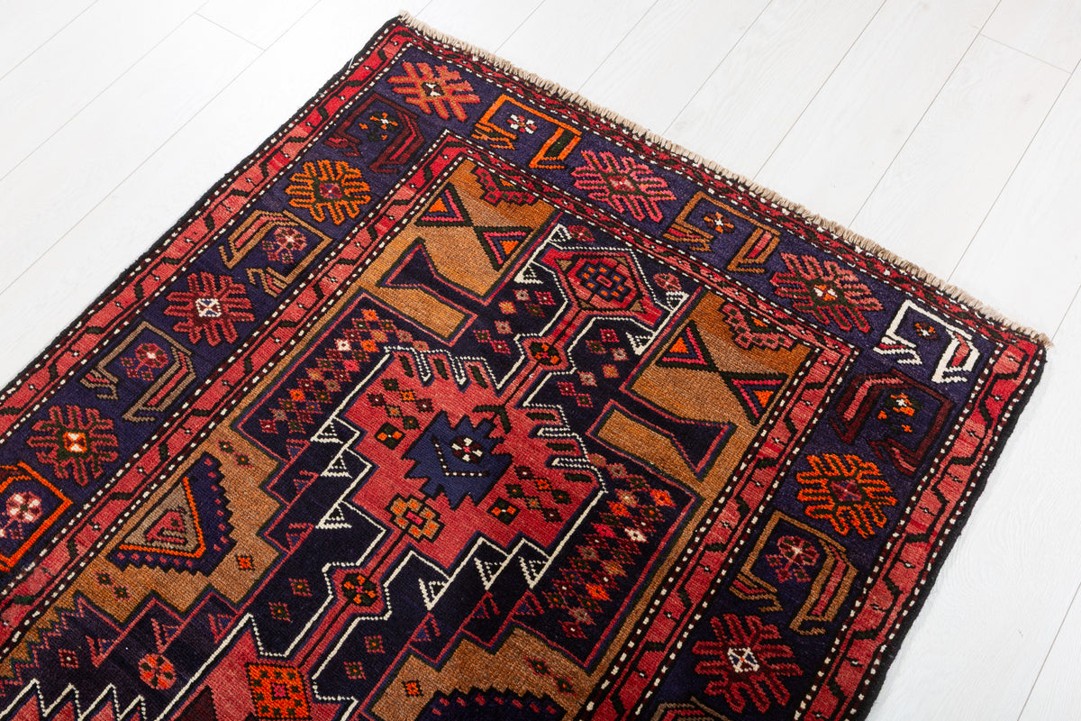 Vintage Deep Navy Blue & Rust Red Hexagonal Centre Hand-Knotted Area Rug – 7' 0" x 3' 5" (214 x 105 cm)