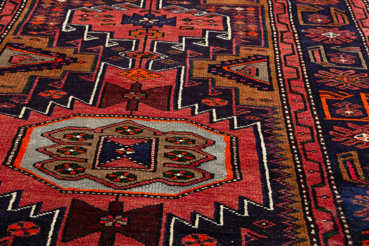 Vintage Deep Navy Blue & Rust Red Hexagonal Centre Hand-Knotted Area Rug – 7' 0" x 3' 5" (214 x 105 cm)