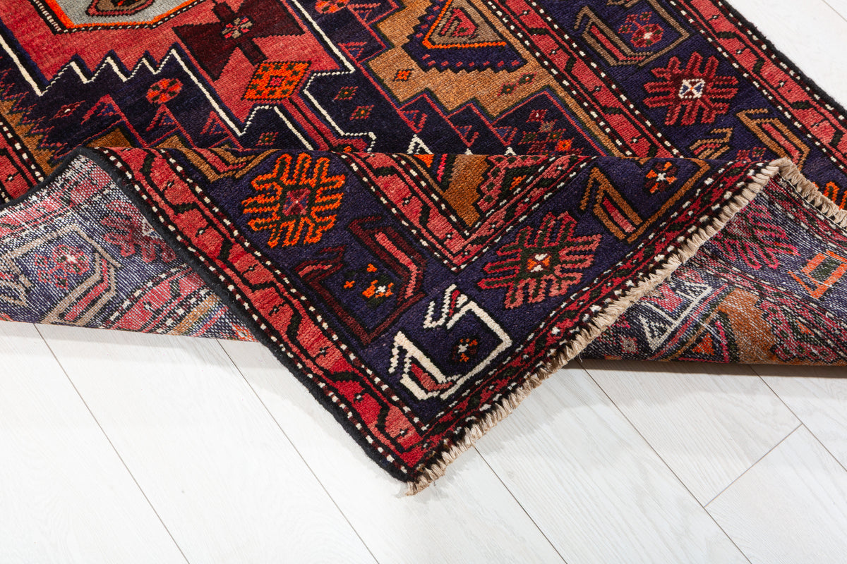 Vintage Deep Navy Blue & Rust Red Hexagonal Centre Hand-Knotted Area Rug – 7' 0" x 3' 5" (214 x 105 cm)