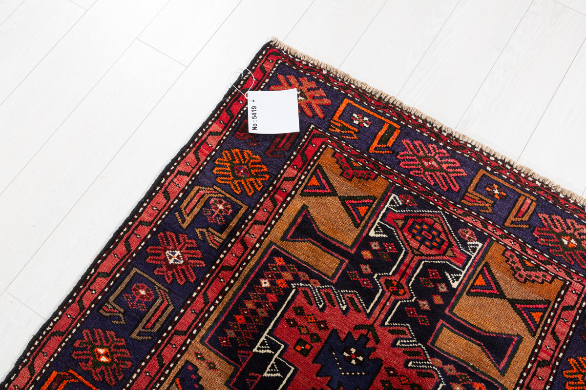 Vintage Deep Navy Blue & Rust Red Hexagonal Centre Hand-Knotted Area Rug – 7' 0" x 3' 5" (214 x 105 cm)