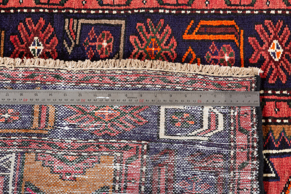 Vintage Deep Navy Blue & Rust Red Hexagonal Centre Hand-Knotted Area Rug – 7' 0" x 3' 5" (214 x 105 cm)