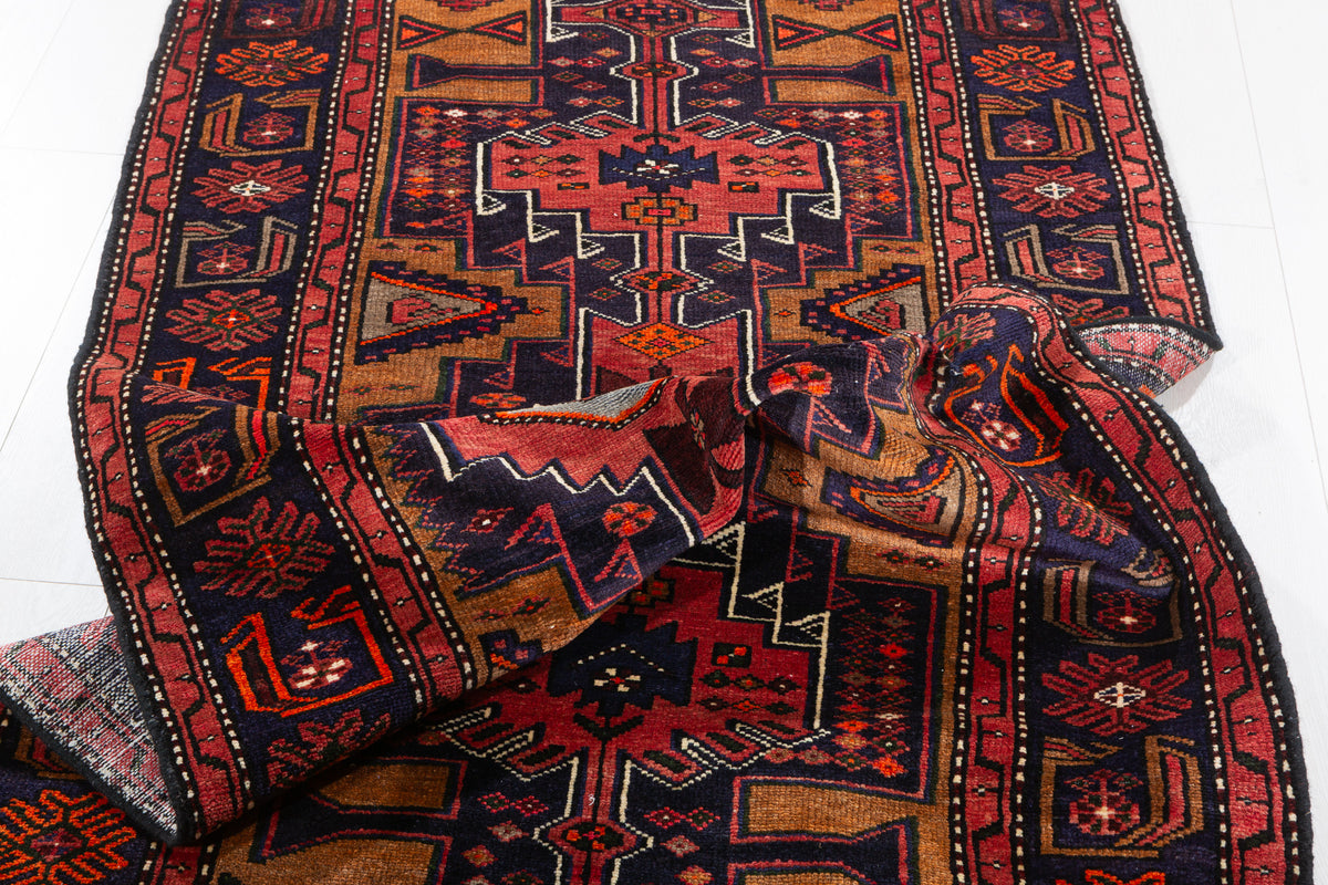 Vintage Deep Navy Blue & Rust Red Hexagonal Centre Hand-Knotted Area Rug – 7' 0" x 3' 5" (214 x 105 cm)