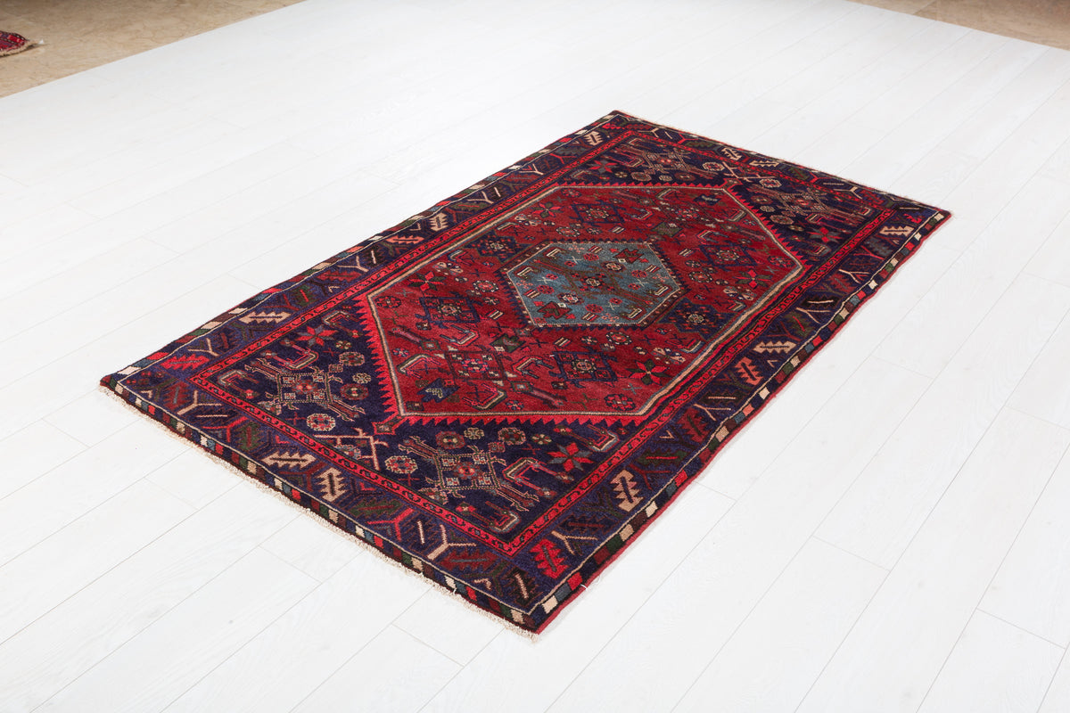 Vintage Red Linear Tribal Drawing Hand-Knotted Area Rug – 6' 3" x 3' 6" (190 x 106 cm)