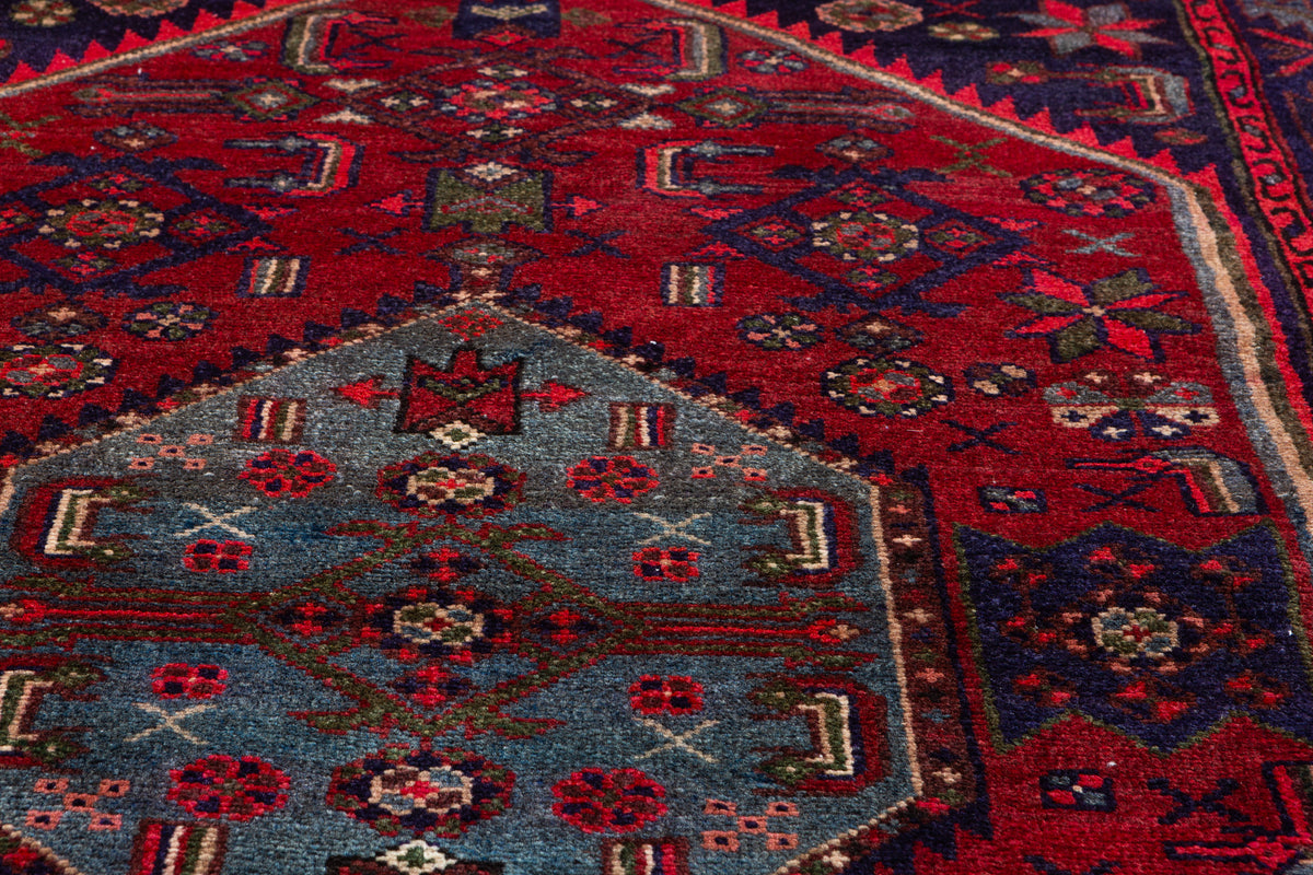 Vintage Red Linear Tribal Drawing Hand-Knotted Area Rug – 6' 3" x 3' 6" (190 x 106 cm)