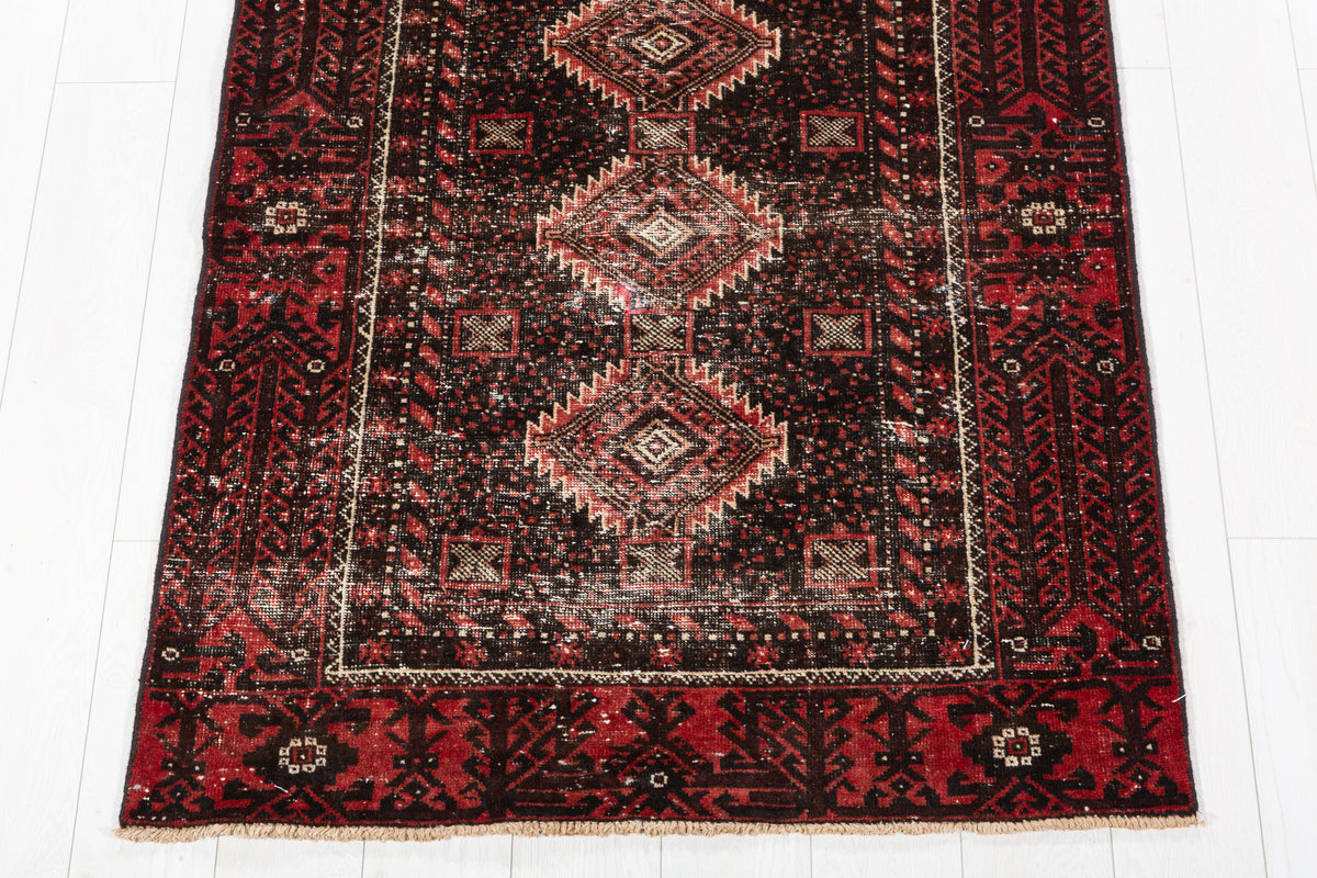 Antique Black Geometric Distressed Hand-Knotted Area Rug – 6' 1" x 3' 5" (186 x 104 cm)