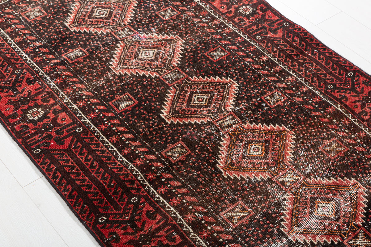 Antique Black Geometric Distressed Hand-Knotted Area Rug – 6' 1" x 3' 5" (186 x 104 cm)