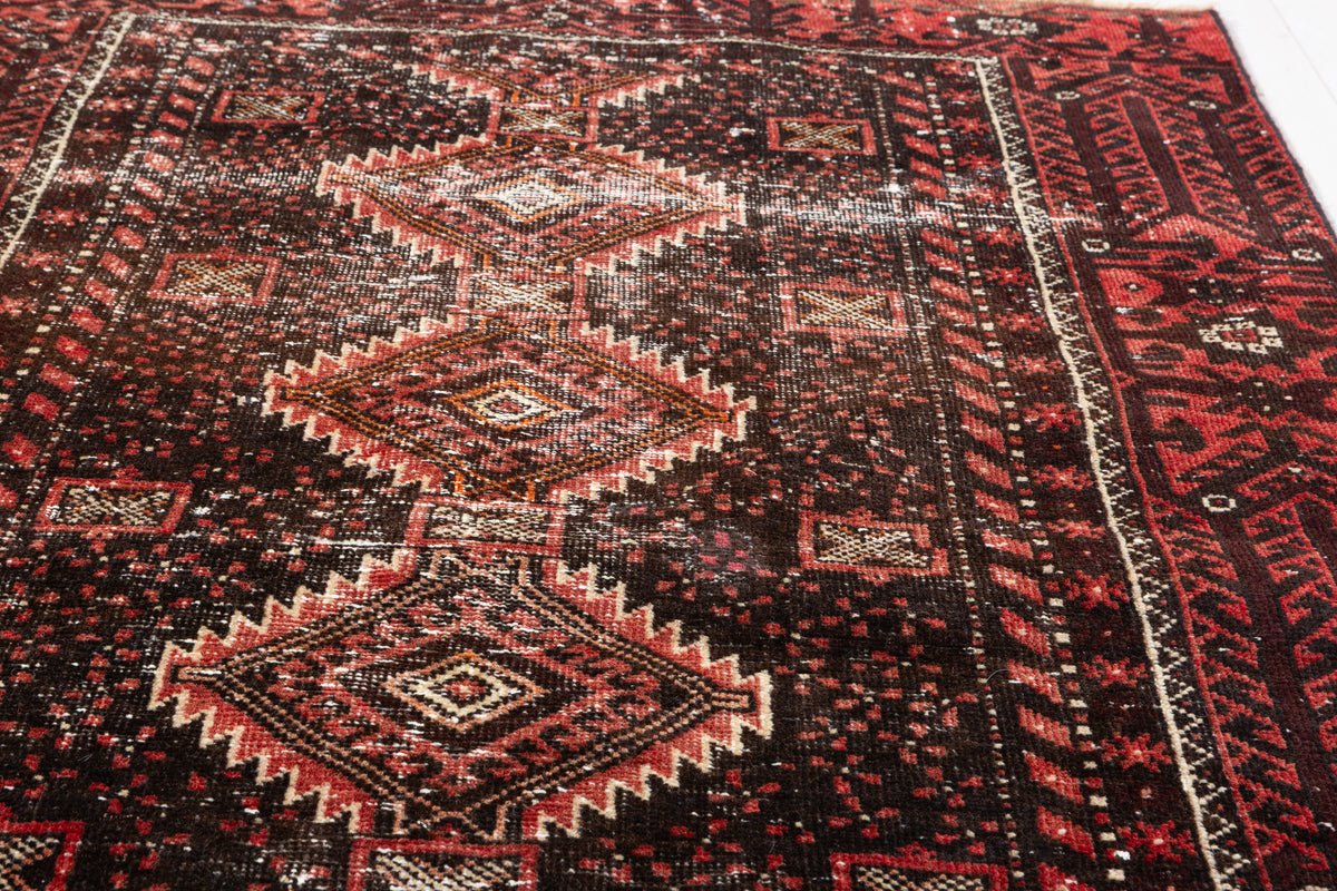 Antique Black Geometric Distressed Hand-Knotted Area Rug – 6' 1" x 3' 5" (186 x 104 cm)