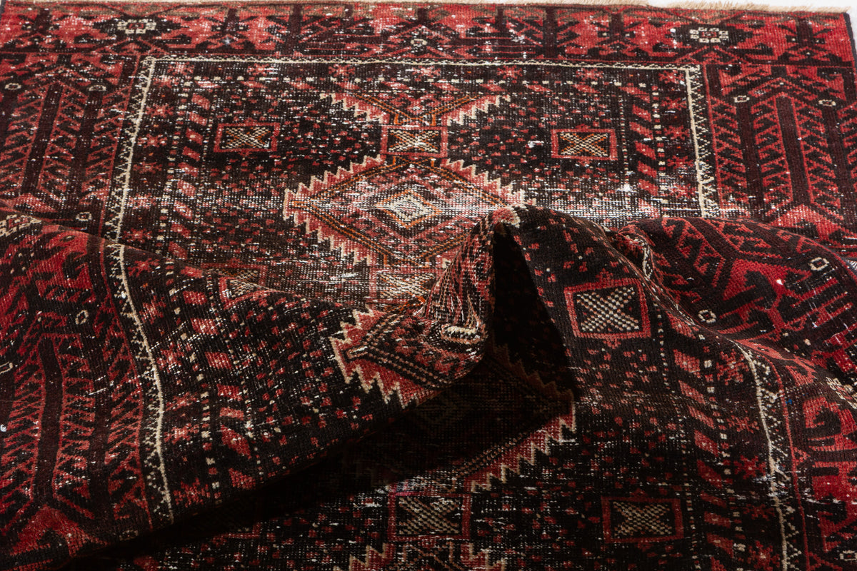 Antique Black Geometric Distressed Hand-Knotted Area Rug – 6' 1" x 3' 5" (186 x 104 cm)