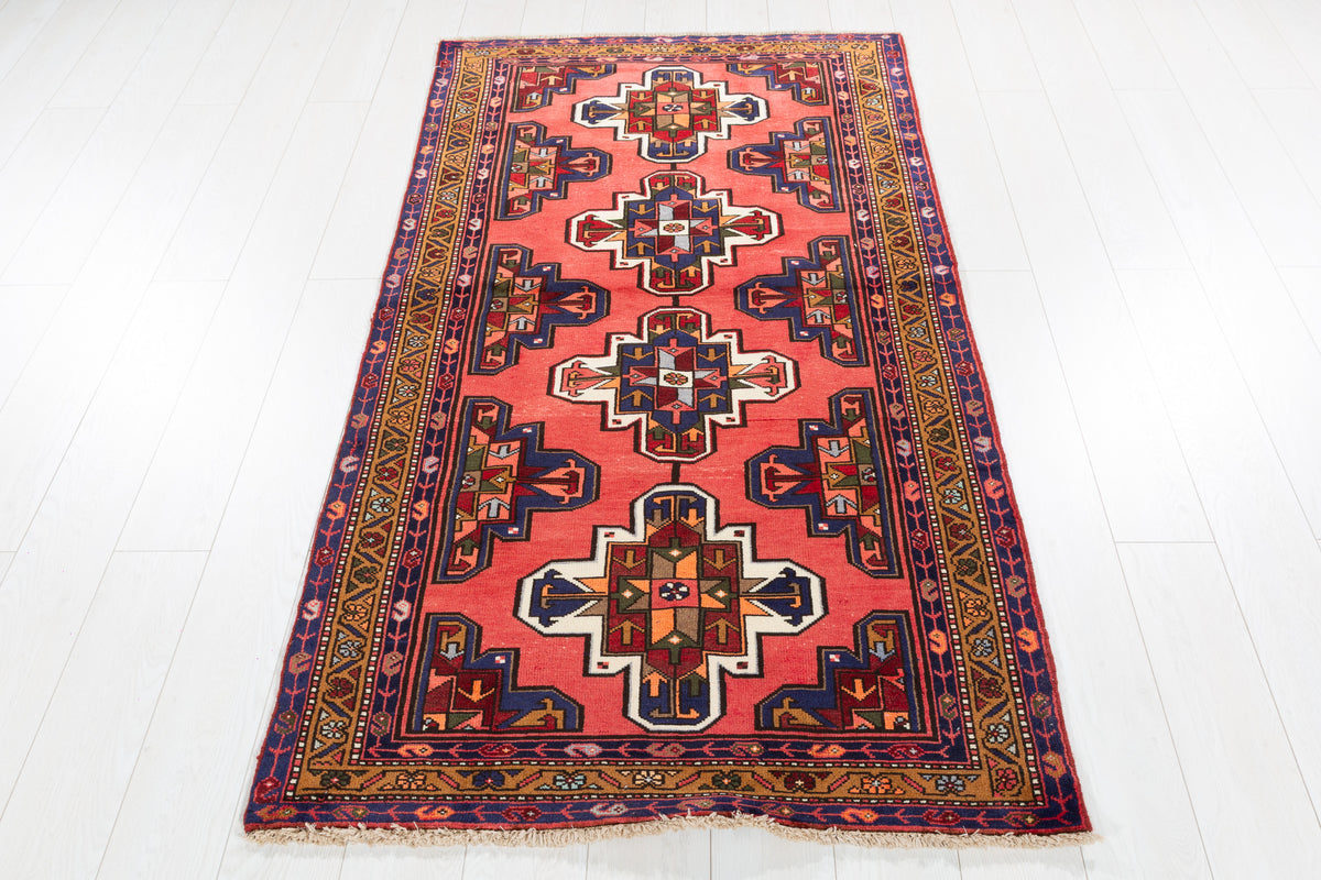 Vintage Coral Red Geometric Medallion Hand-Knotted Area Rug – 6' 2" x 3' 4" (188 x 102 cm)