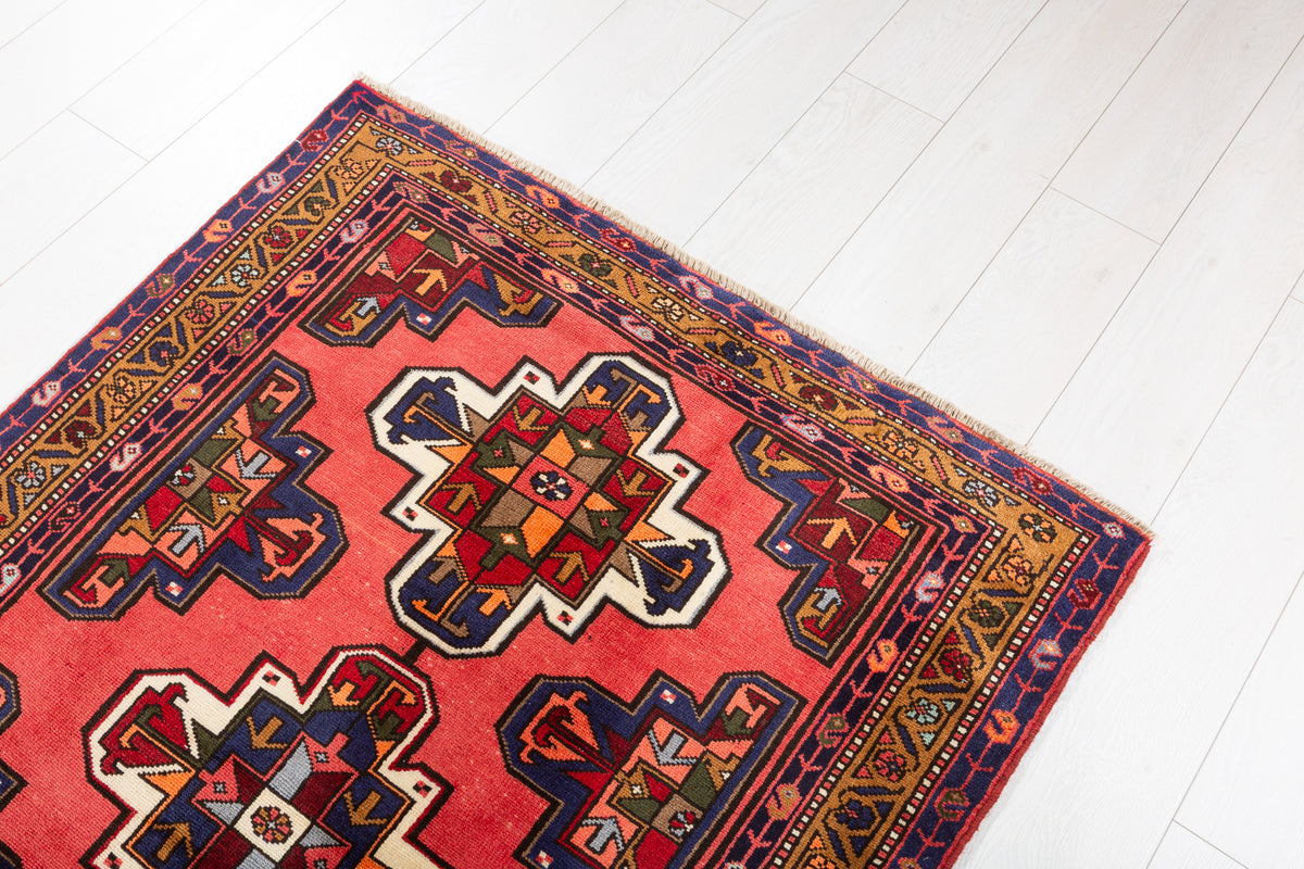 Vintage Coral Red Geometric Medallion Hand-Knotted Area Rug – 6' 2" x 3' 4" (188 x 102 cm)