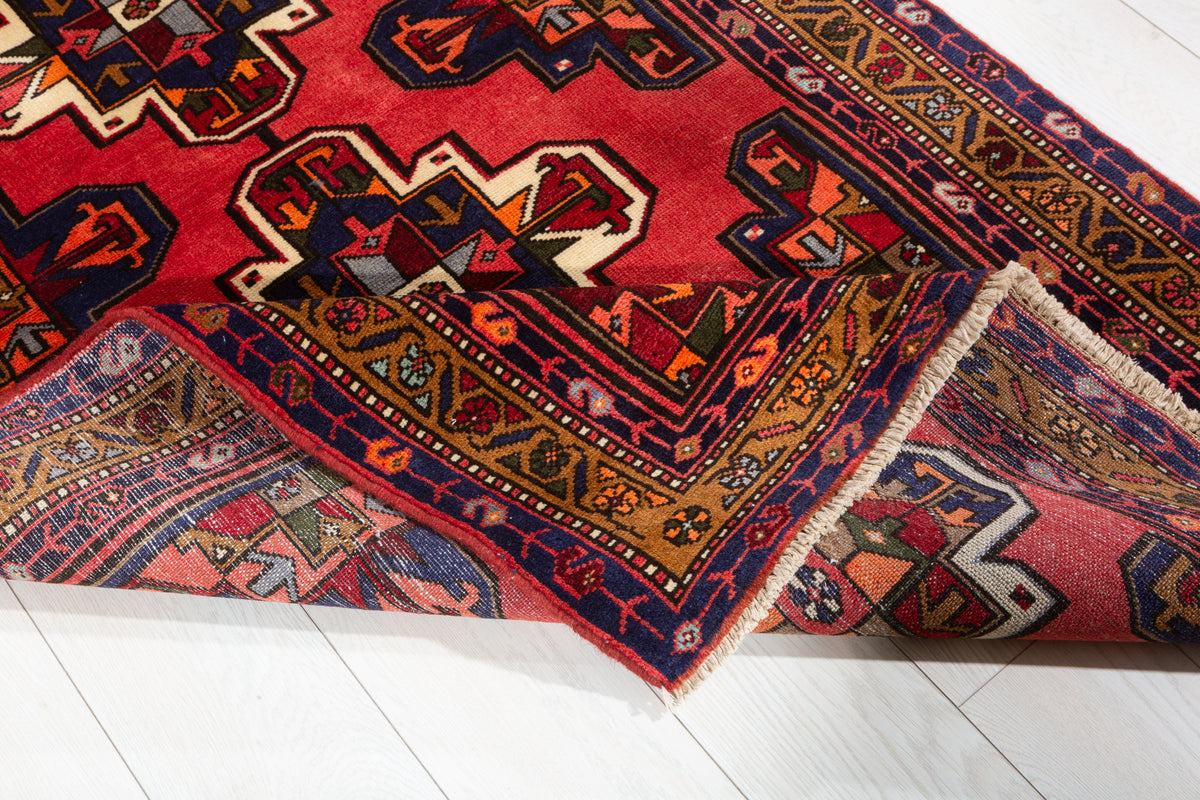 Vintage Coral Red Geometric Medallion Hand-Knotted Area Rug – 6' 2" x 3' 4" (188 x 102 cm)
