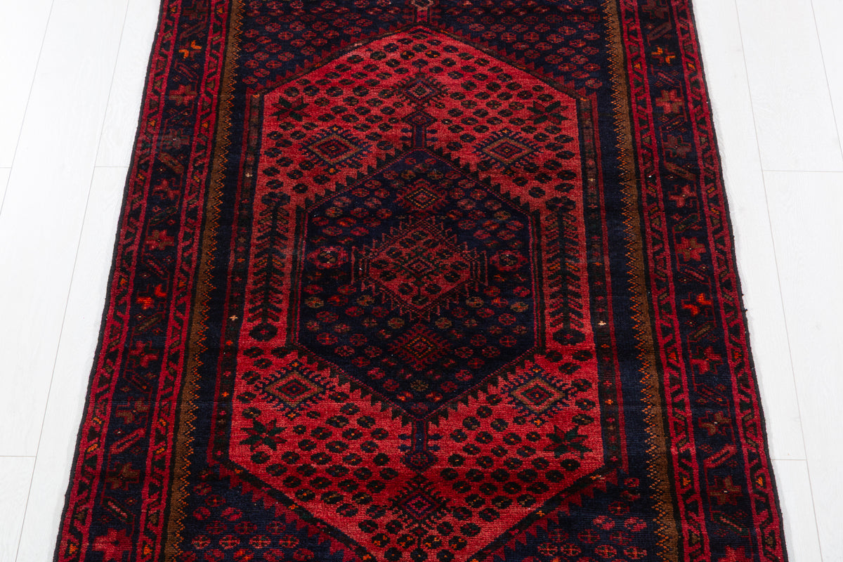 Vintage Red Dense Geometric All-Over Pattern Hand-Knotted Area Rug – 6' 7" x 3' 5" (201 x 104 cm)