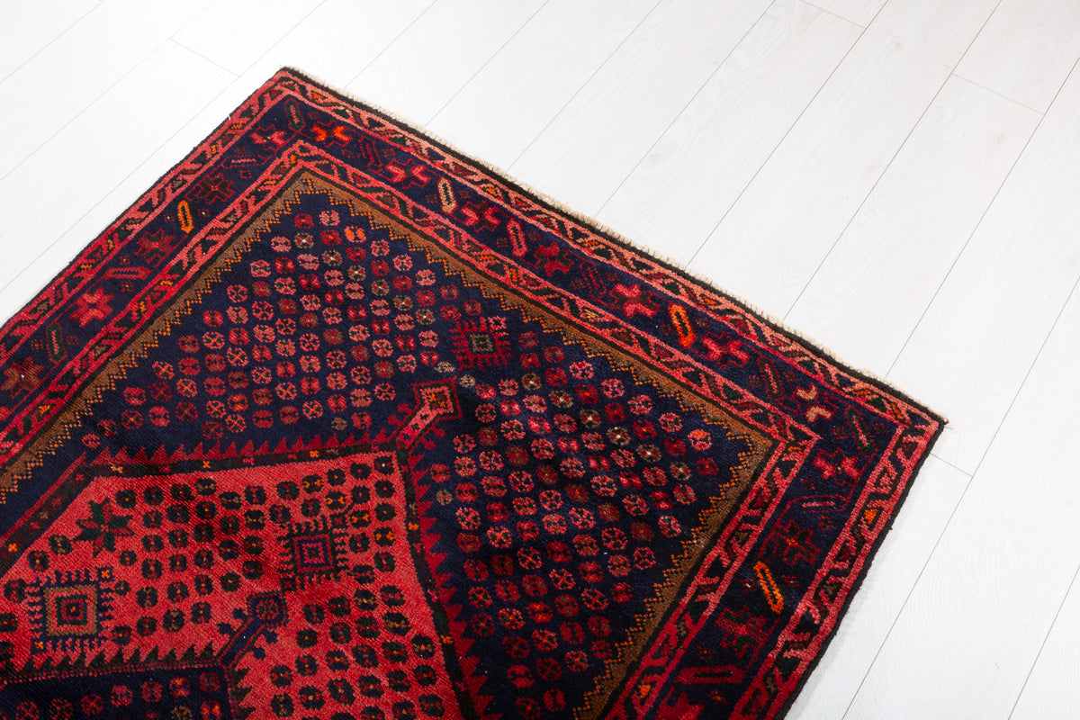 Vintage Red Dense Geometric All-Over Pattern Hand-Knotted Area Rug – 6' 7" x 3' 5" (201 x 104 cm)