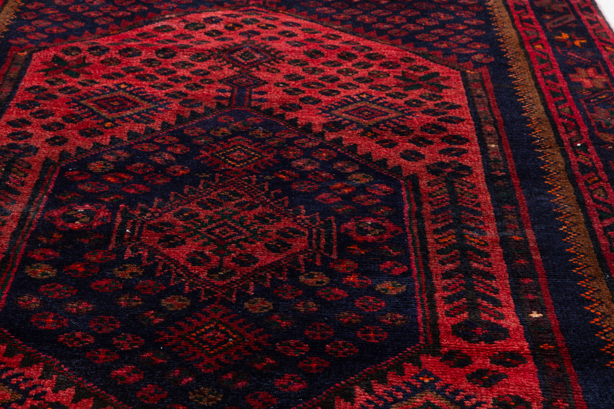 Vintage Red Dense Geometric All-Over Pattern Hand-Knotted Area Rug – 6' 7" x 3' 5" (201 x 104 cm)