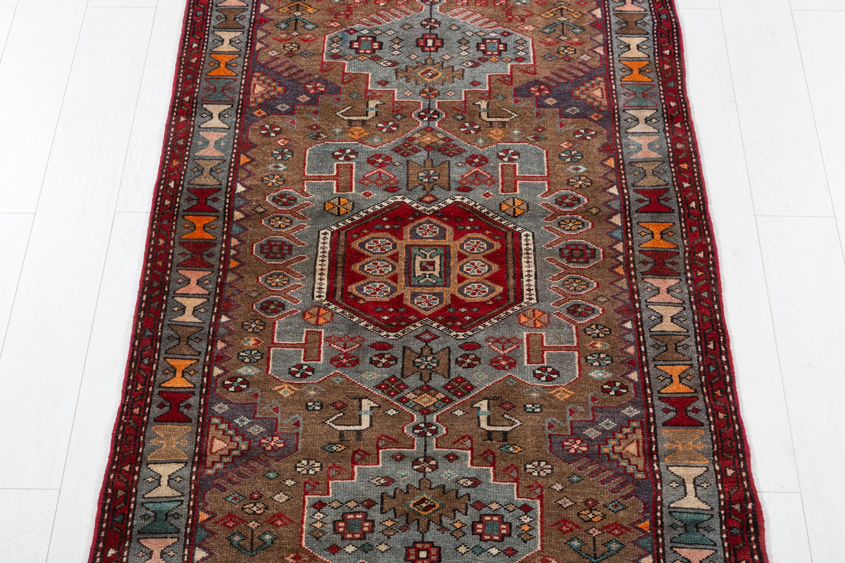 Vintage Brown and Soft Blue Geometric Medallion Hand-Knotted Area Rug – 6' 10" x 3' 4" (208 x 101 cm)