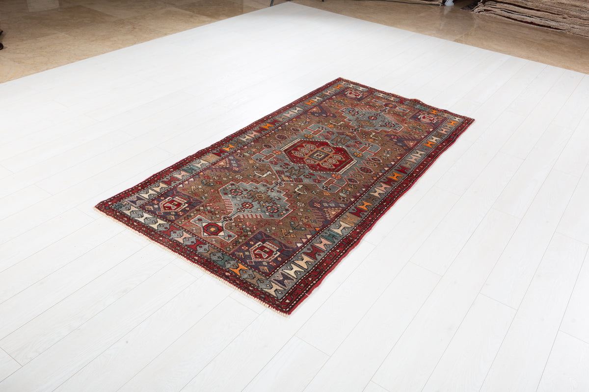 Vintage Brown and Soft Blue Geometric Medallion Hand-Knotted Area Rug – 6' 10" x 3' 4" (208 x 101 cm)