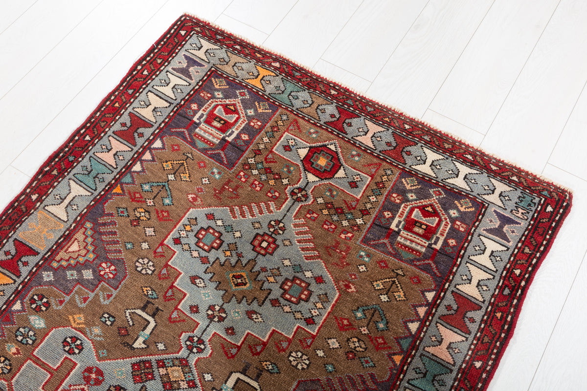 Vintage Brown and Soft Blue Geometric Medallion Hand-Knotted Area Rug – 6' 10" x 3' 4" (208 x 101 cm)