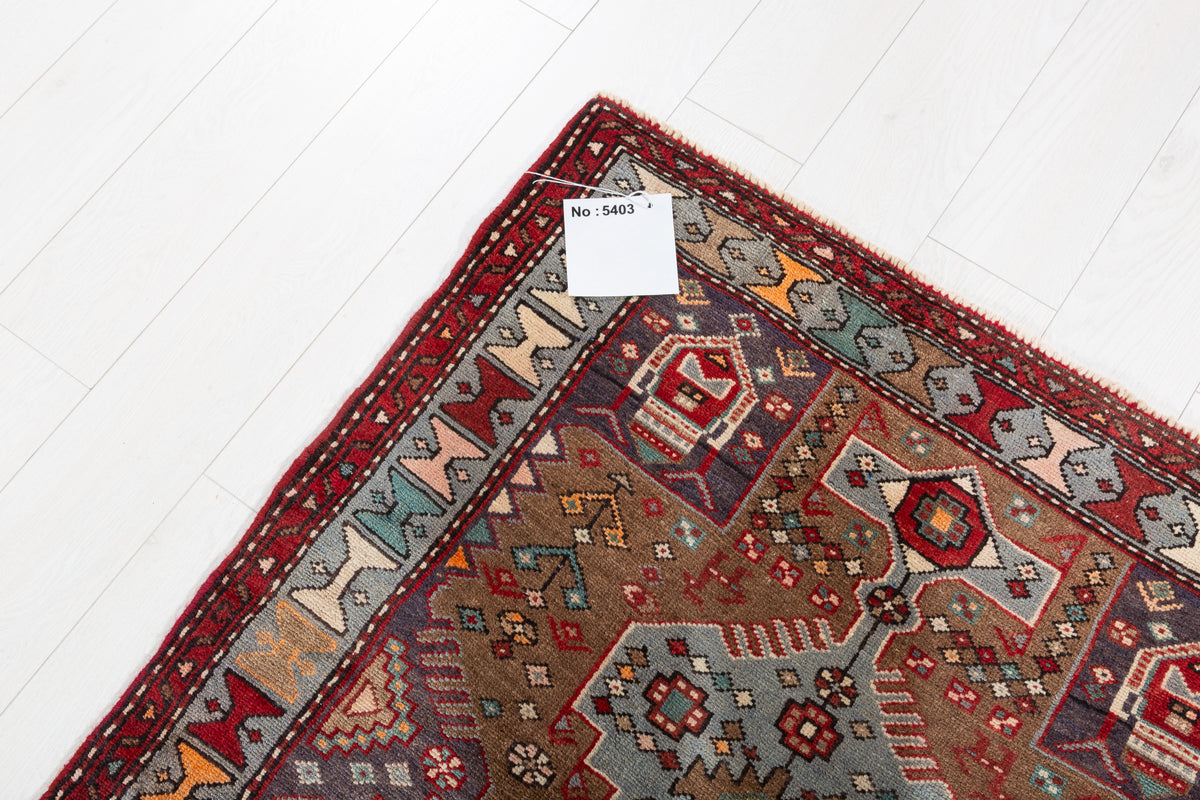 Vintage Brown and Soft Blue Geometric Medallion Hand-Knotted Area Rug – 6' 10" x 3' 4" (208 x 101 cm)