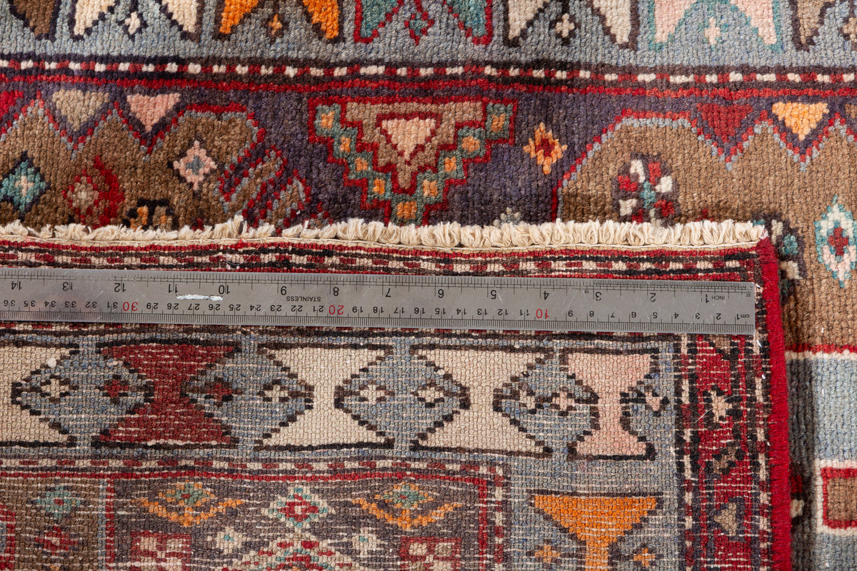 Vintage Brown and Soft Blue Geometric Medallion Hand-Knotted Area Rug – 6' 10" x 3' 4" (208 x 101 cm)