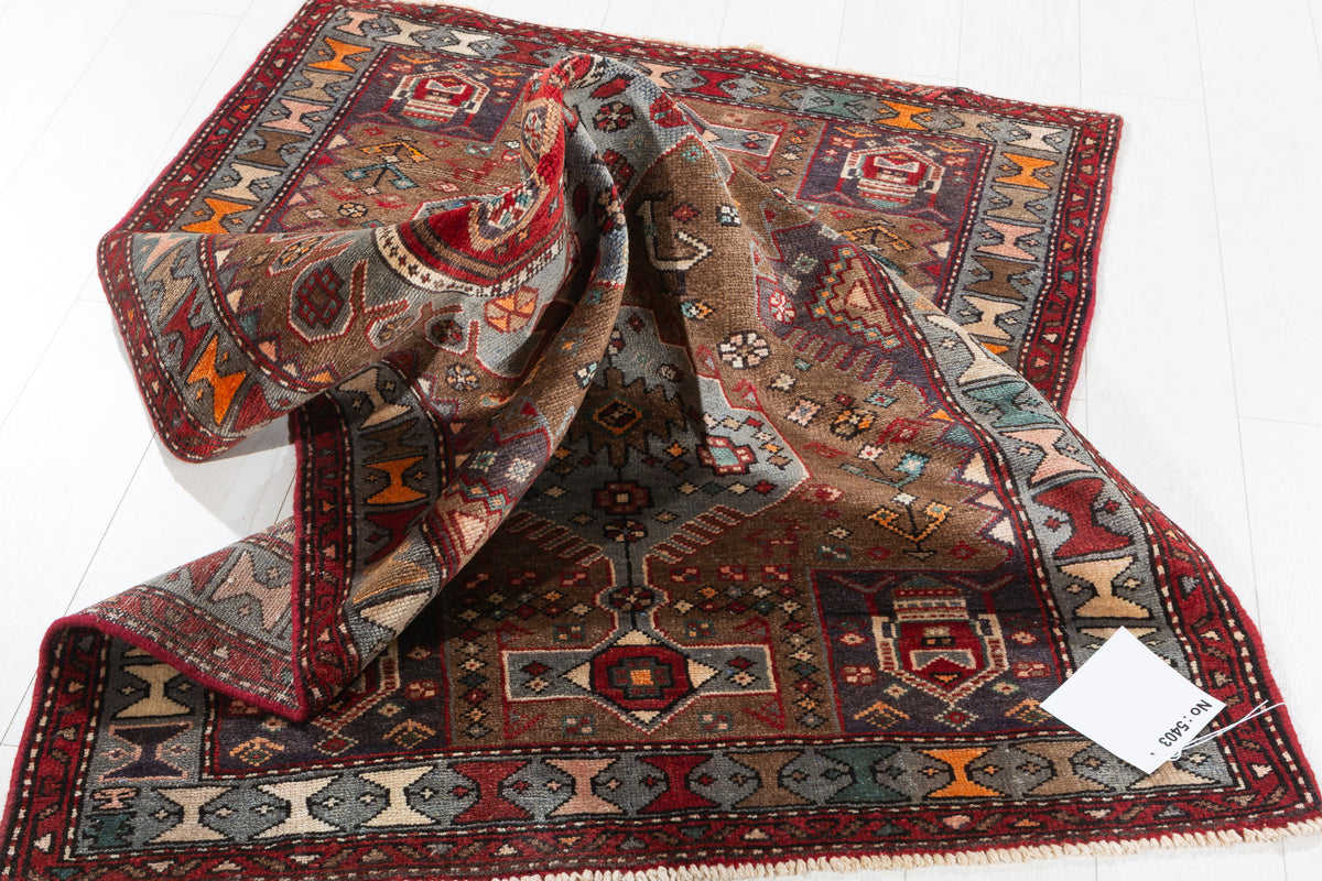 Vintage Brown and Soft Blue Geometric Medallion Hand-Knotted Area Rug – 6' 10" x 3' 4" (208 x 101 cm)