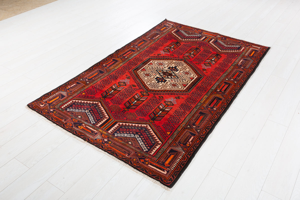 Vintage Red Layered Tribal Medallion Hand-Knotted Area Rug – 6' 6" x 4' 0" (197 x 123 cm)