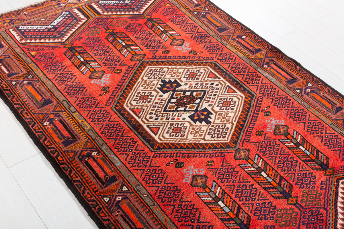 Vintage Red Layered Tribal Medallion Hand-Knotted Area Rug – 6' 6" x 4' 0" (197 x 123 cm)