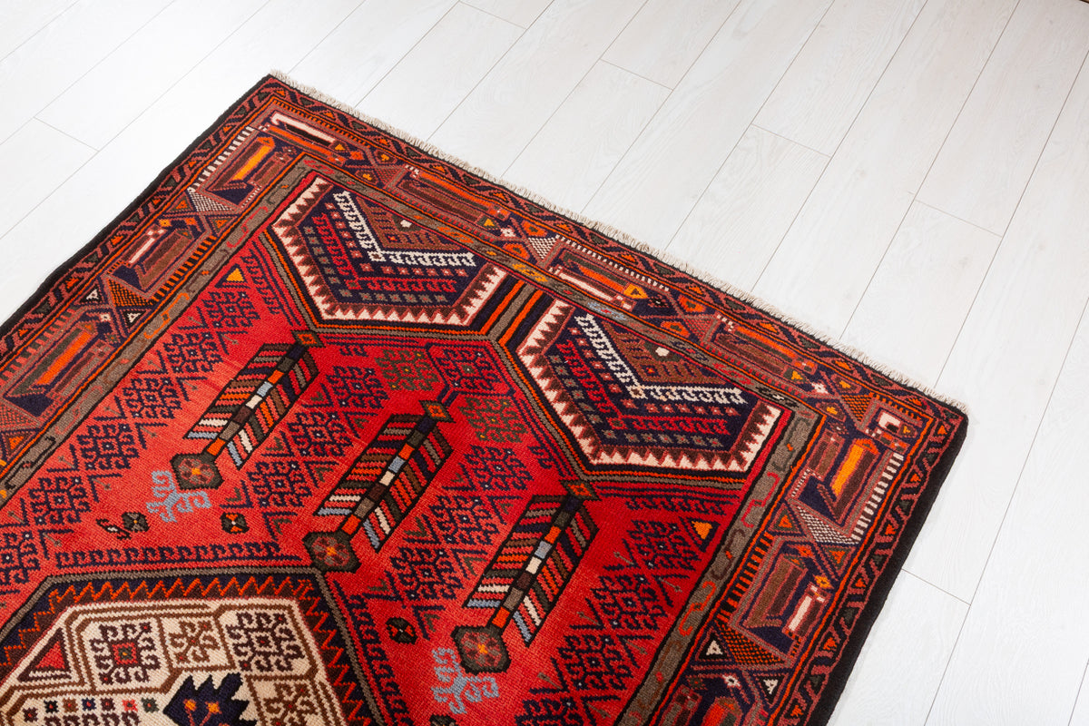 Vintage Red Layered Tribal Medallion Hand-Knotted Area Rug – 6' 6" x 4' 0" (197 x 123 cm)
