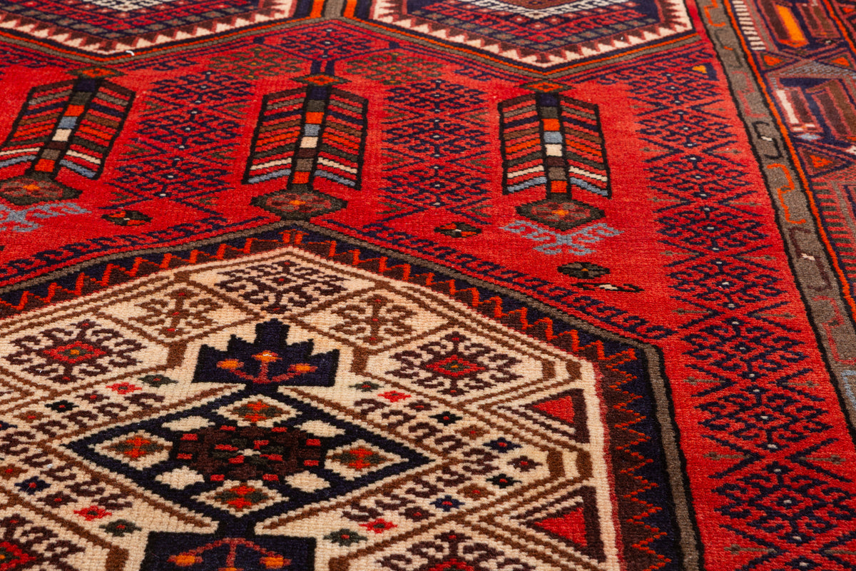 Vintage Red Layered Tribal Medallion Hand-Knotted Area Rug – 6' 6" x 4' 0" (197 x 123 cm)