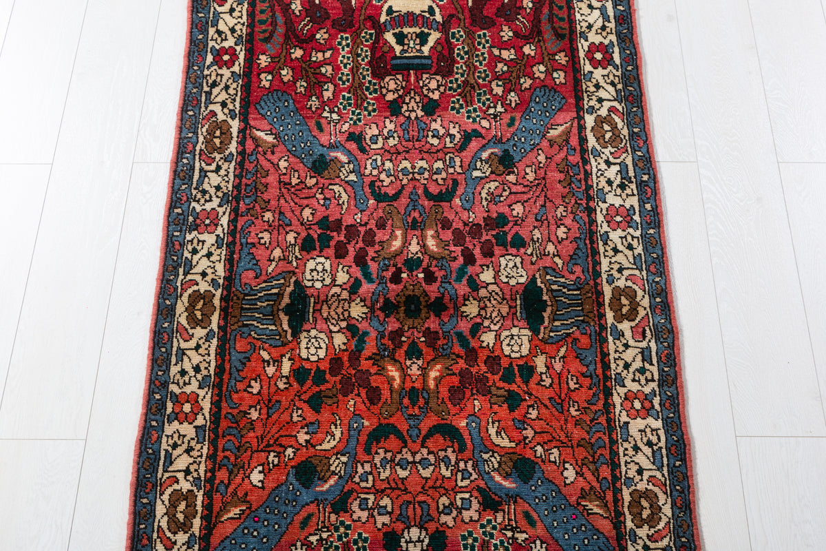 Vintage Peacock & Floral Runner Rug, Red – 7' 5" x 2' 10" (226 x 87 cm)