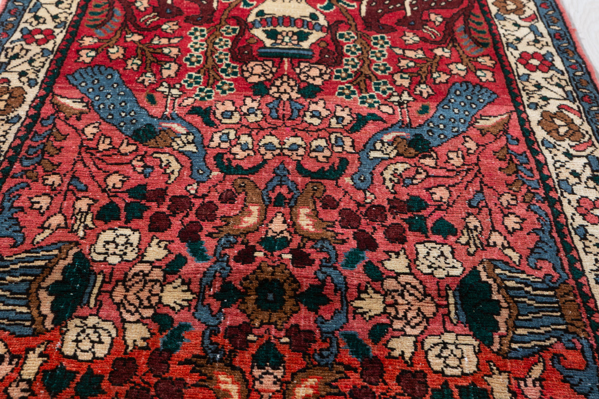 Vintage Peacock & Floral Runner Rug, Red – 7' 5" x 2' 10" (226 x 87 cm)