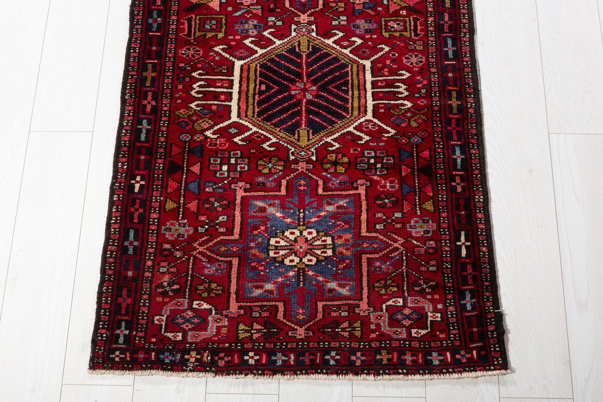 Vintage Long Geometric Hallway Runner Rug, Red – 12' 9" x 2' 7" (388 x 79 cm)