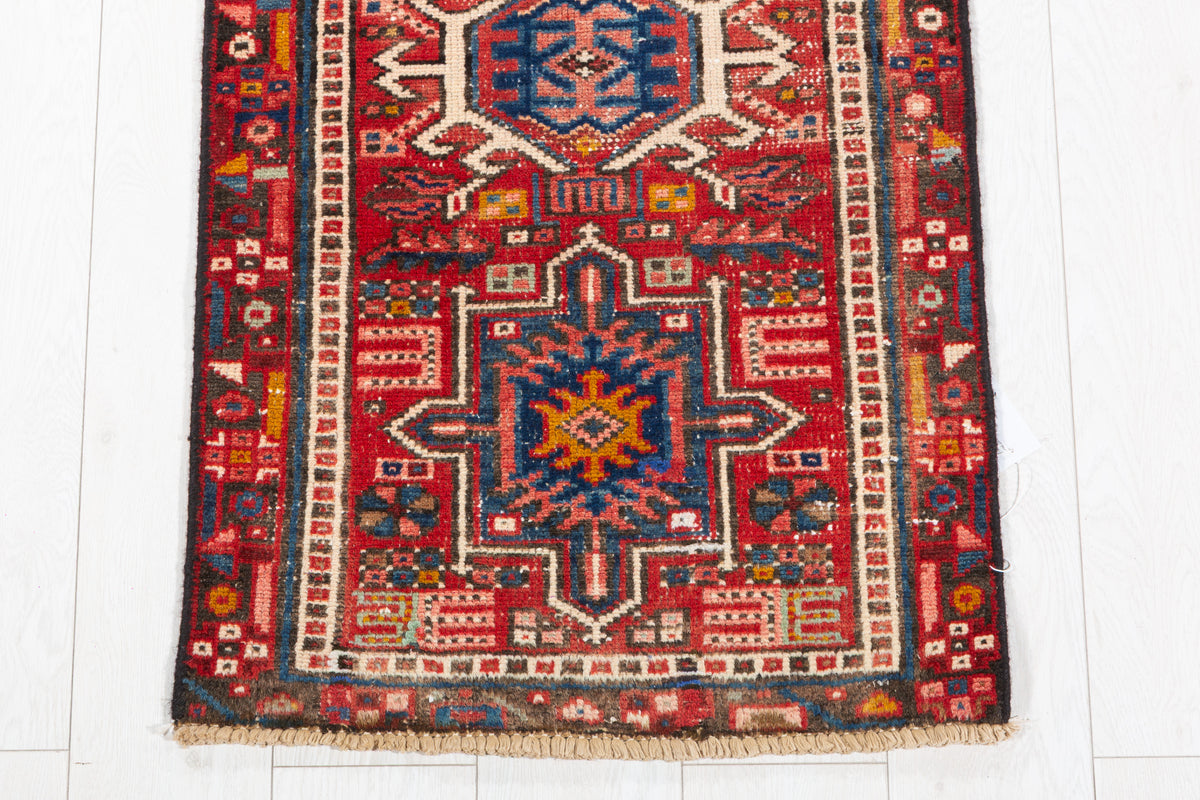 Antique Distressed Extra-Narrow Long Runner Rug, Red – 12' 5" x 1' 11" (378 x 58 cm)