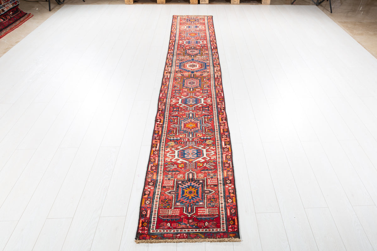 Antique Distressed Extra-Narrow Long Runner Rug, Red – 12' 5" x 1' 11" (378 x 58 cm)