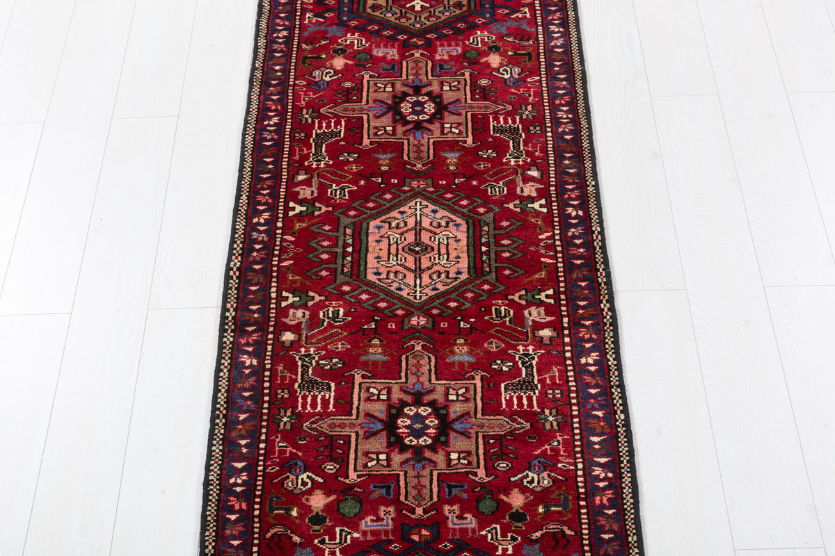 Vintage Geometric Medallion Narrow Runner Rug, Red – 10' 6" x 2' 5" (319 x 74 cm)
