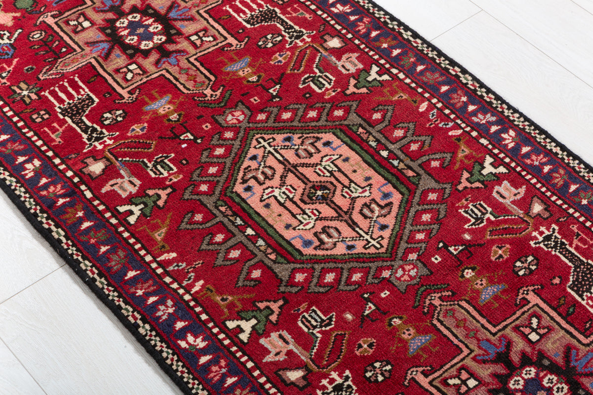 Vintage Geometric Medallion Narrow Runner Rug, Red – 10' 6" x 2' 5" (319 x 74 cm)